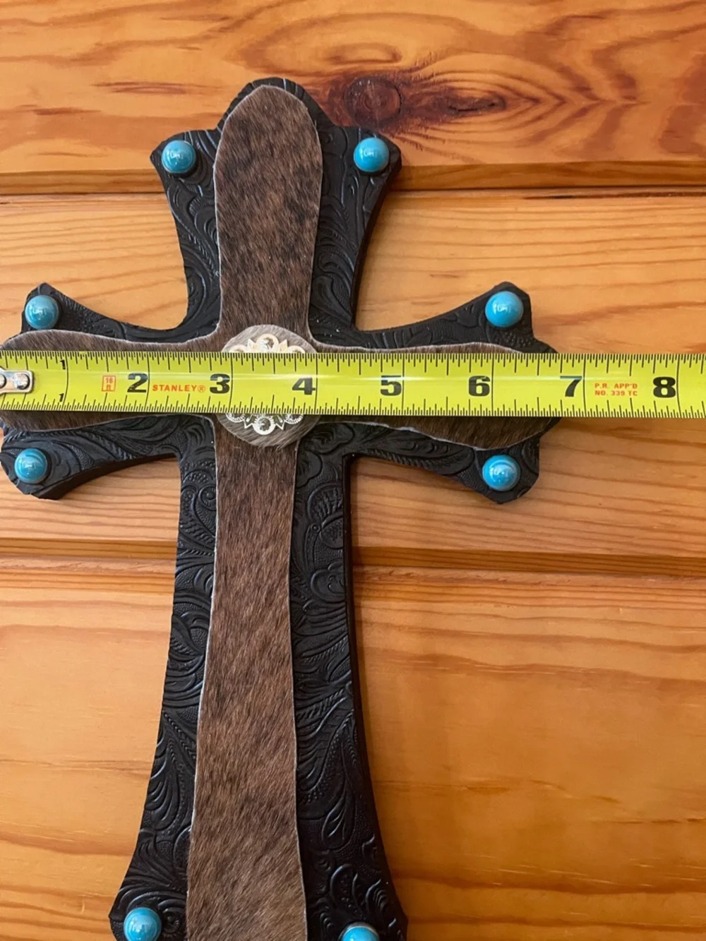 Decorative Leather & Hair-on Hide Cross with Turquoise Accents